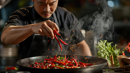 A chef adding fresh chilies to a hot pan while preparing a traditional Thai spicy stir-fry.の素材