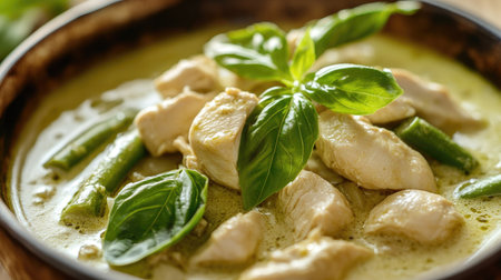 A close-up of a Thai green curry dish with chicken, bamboo shoots, and basil leaves.の素材