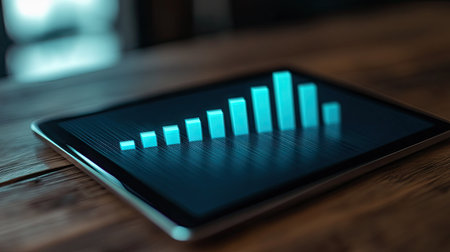A close-up of a tablet displaying a digital growth chart with bright, upward-trending bars.の素材