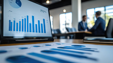 A business leader presenting a business bar chart with key performance indicators in a conference room.の素材