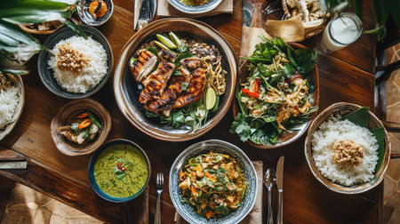 A cozy dining table with Thai-style grilled chicken, Pad See Ew, and a bowl of green curry.の素材