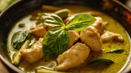 A close-up of a Thai green curry dish with chicken, bamboo shoots, and basil leaves.の素材