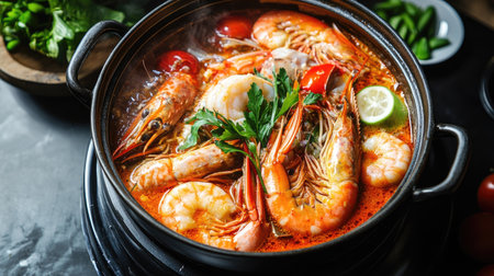 A delicious Thai seafood hot pot with prawns, crab, and fresh vegetables boiling in a spicy broth.の素材