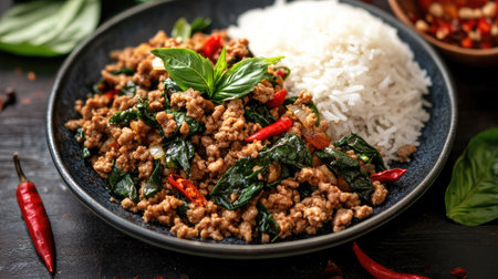 A close-up of Thai spicy basil stir-fry with ground meat, chilies, and Thai rice on the side.の素材