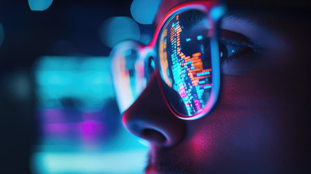 A dynamic stock market chart glowing on a computer screen, reflecting in the glasses of a focused investor.の素材