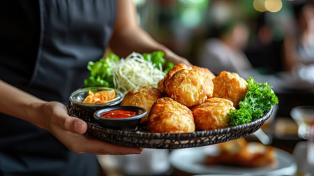 A food server bringing a tray of Thai curry puffs and dipping sauces to a dining table.の素材