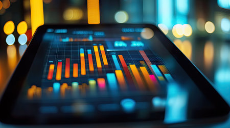 A digital tablet displaying a business bar chart with growth trends and financial insights.の素材
