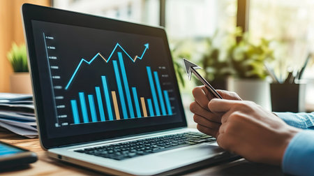 A digital screen displaying a bar chart with an arrow pointing up, showing positive financial performance.の素材