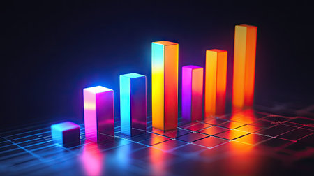 A glowing D business bar chart on a futuristic analytics dashboard.の素材