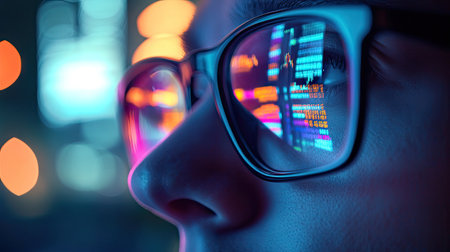 A dynamic stock market chart glowing on a computer screen, reflecting in the glasses of a focused investor.の素材