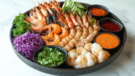 A Thai seafood platter with grilled shrimp, crab, squid, and Thai dipping sauces arranged on a table.の素材