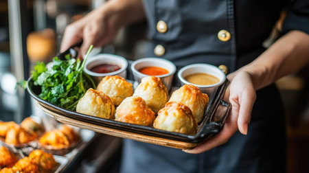 A food server bringing a tray of Thai curry puffs and dipping sauces to a dining table.の素材