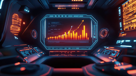 A futuristic dashboard with a glowing growth chart showing business expansion.の素材