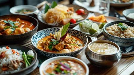A family-style Thai meal on a table, showcasing a variety of curries, noodles, and side dishes.の素材