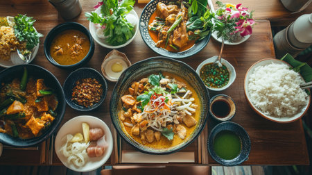 A family-style Thai meal on a table, showcasing a variety of curries, noodles, and side dishes.の素材