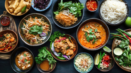 A family-style Thai meal on a table, showcasing a variety of curries, noodles, and side dishes.の素材