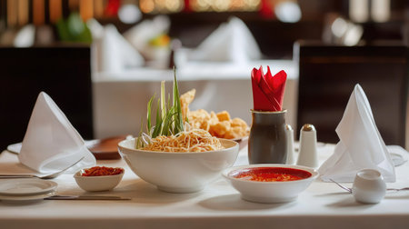 A set table with Thai dishes like Tom Yum soup, fried noodles, and a side of chili dipping sauce.の素材