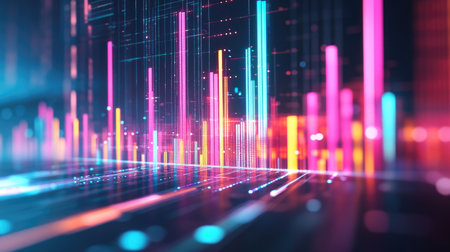 A futuristic digital dashboard displaying a colorful business bar chart with glowing effects.の素材