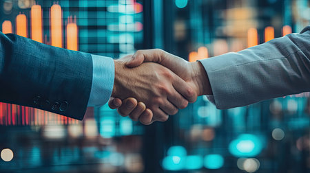 A handshake between two professionals with a business report graph in the background.の素材