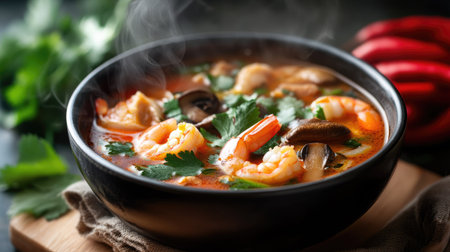 A steaming bowl of Thai Tom Yum soup with shrimp, mushrooms, and fresh herbs.の素材