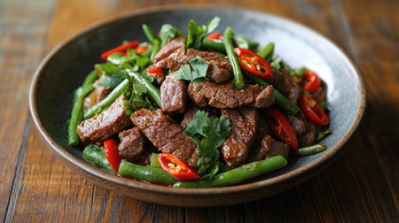 A plate of spicy Thai curry with tender beef, green beans, and chili served on a wooden table.の素材