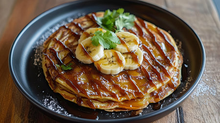 A Thai pancake Roti drizzled with sweet condensed milk and topped with banana slices.の素材