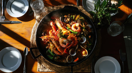 A Thai hot pot filled with fresh seafood, vegetables, and spicy broth at a dining table.の素材