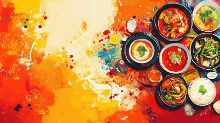 A Thai restaurant table filled with an array of spicy dishes, including curry, stir-fry, and soup.の素材