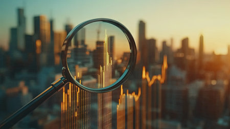 A magnifying glass placed over a business bar chart, highlighting financial growth.の素材