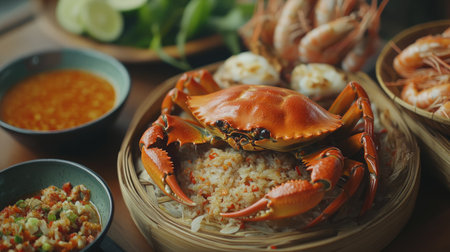 A Thai seafood feast on a table, including steamed crab, prawns, and a bowl of spicy dipping sauce.の素材