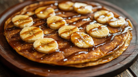 A Thai pancake Roti drizzled with sweet condensed milk and topped with banana slices.の素材
