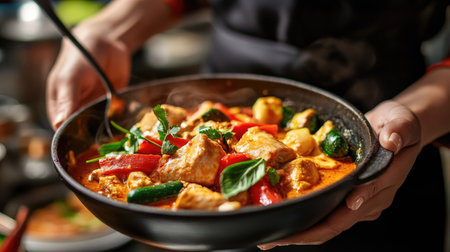 A server bringing a bowl of spicy Thai red curry with chicken and vegetables to the table.の素材