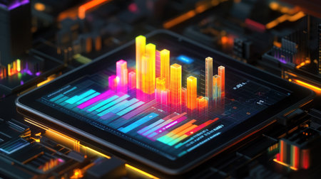 A tablet displaying a colorful bar chart with business data in a modern office environment.の素材
