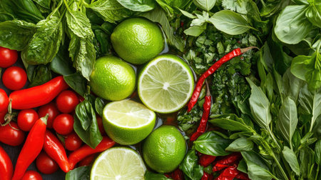 A vibrant bowl of Thai noodle soup with herbs, lime, and spicy chili oil.の素材