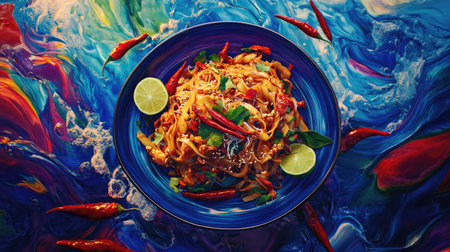 A vibrant plate of spicy Thai Pad Thai with a garnish of lime and red chili peppers.の素材