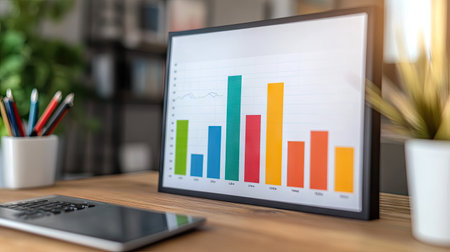 A vibrant business bar chart with multicolored bars displayed on a modern office desk.の素材