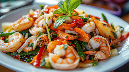 A vibrant plate of Thai seafood stir-fry with shrimp, squid, and fresh vegetables, garnished with herbs.の素材