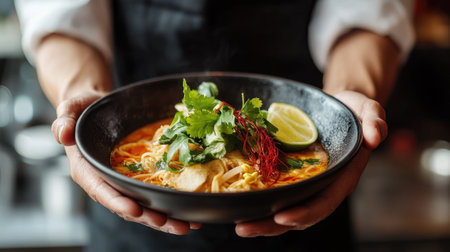 A waiter serving a bowl of Thai noodle soup topped with fresh herbs, lime, and chili oil.の素材