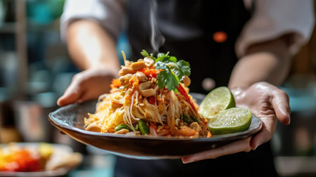 A waiter serving a traditional Thai Som Tum papaya salad with chili, lime, and peanuts.の素材