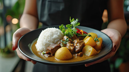 A waitress serving a plate of Thai Massaman curry with tender beef, potatoes, and rice.の素材