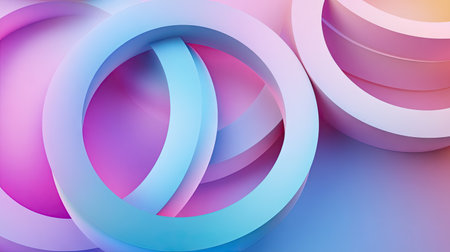 3D abstract background with overlapping circles and rings in a gradient color scheme, creating a smooth and dynamic visual. Perfect for digital design. -の素材