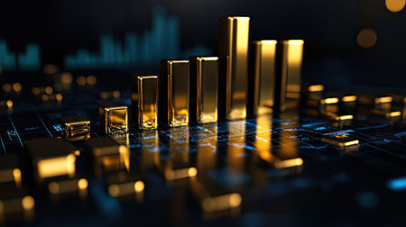 3D bar graph with gold bars, representing financial success, dark luxury backgroundの素材