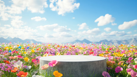 3D render of a podium amidst a colorful spring flower field, ideal for a natural beauty product showcase with a fresh, organic feel.の素材