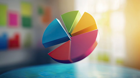 3D pie chart segments floating in mid-air, bright background, business conceptの素材