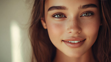 A close-up of a beautiful woman with radiant skin and minimal makeup, smiling softly, with natural light highlighting her features. -の素材