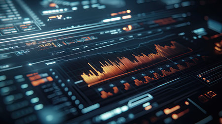 A close-up of a business graph with fluctuating data lines and numerical values, displayed on a sleek digital dashboard interfaceの素材