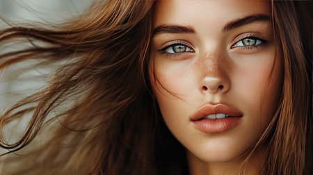 A close-up of a beautiful woman with long, flowing hair, her eyes looking directly into the camera, capturing her captivating gaze.の素材