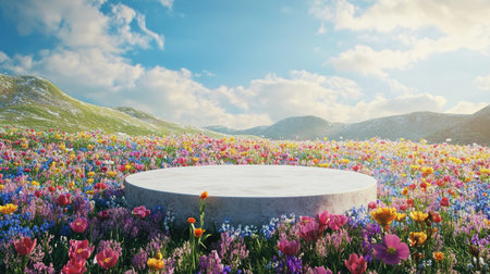 3D render of a podium amidst a colorful spring flower field, ideal for a natural beauty product showcase with a fresh, organic feel.の素材