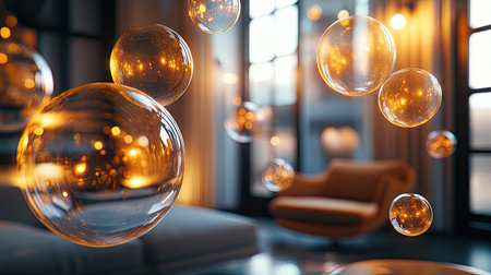 3D shiny chat bubbles hovering in a contemporary room with ample light, emphasizing advanced digital communication and futuristic tech.の素材