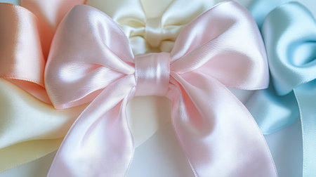 A close-up of a beautifully tied satin bow in soft pastel colors, adorning a gift box with a delicate ribbon. -の素材